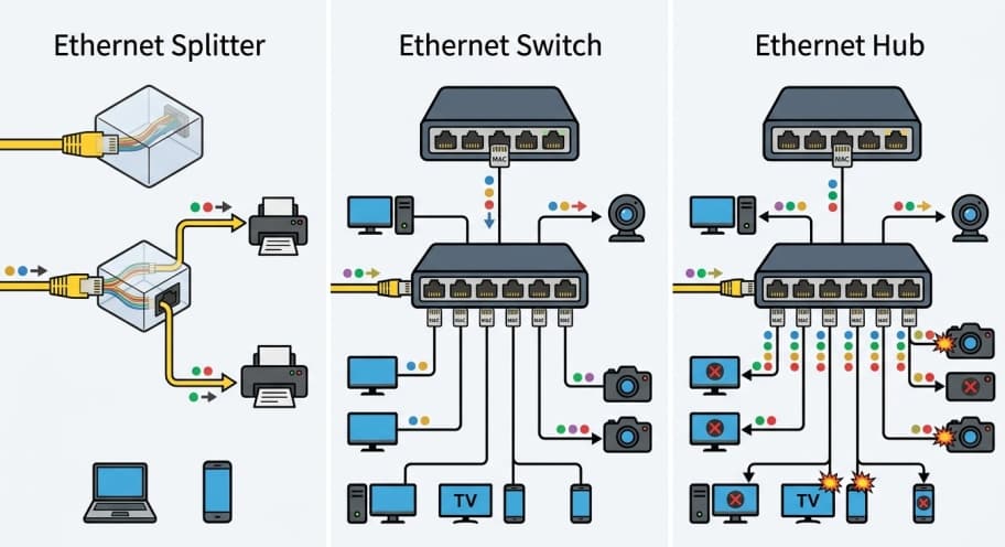 Ethernet Splitter vs Switch vs Hub